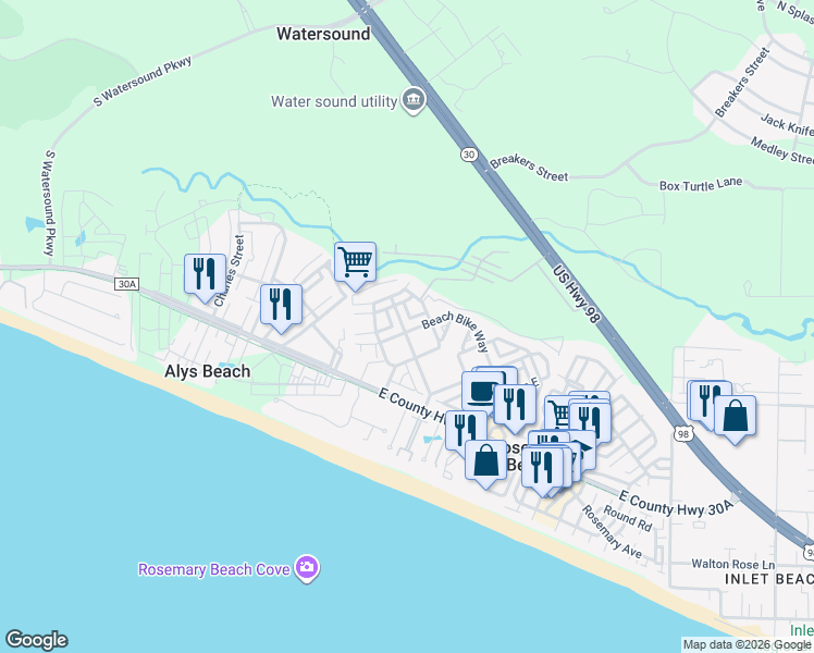 map of restaurants, bars, coffee shops, grocery stores, and more near 105 East Blue Crab Loop in Rosemary Beach