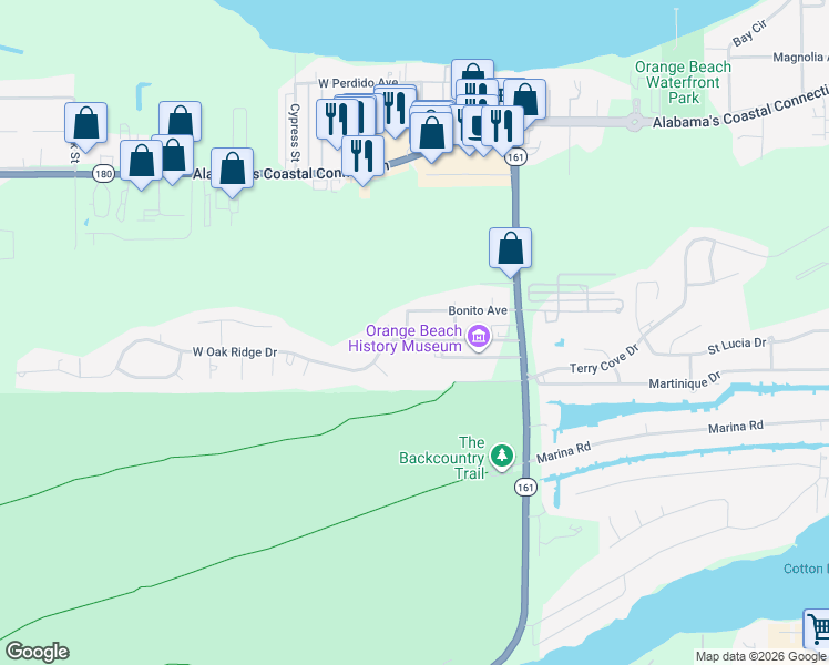 map of restaurants, bars, coffee shops, grocery stores, and more near 25801 W Oak Ridge Dr in Orange Beach