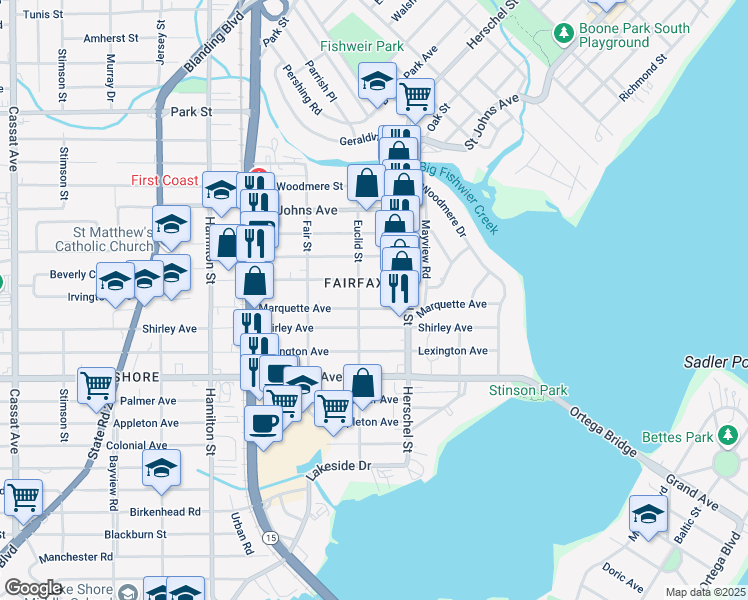 map of restaurants, bars, coffee shops, grocery stores, and more near 4243 Marquette Avenue in Jacksonville