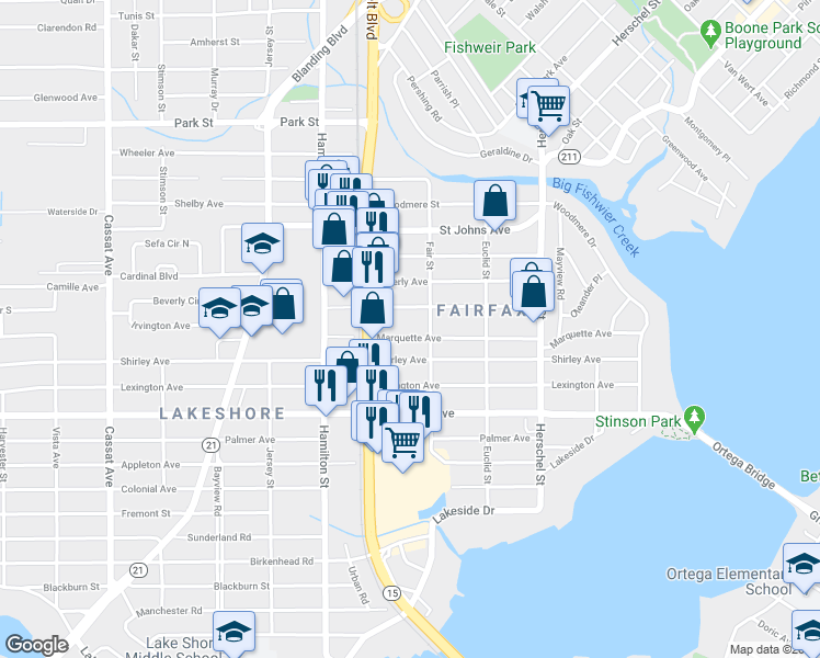 map of restaurants, bars, coffee shops, grocery stores, and more near 4423 Marquette Avenue in Jacksonville