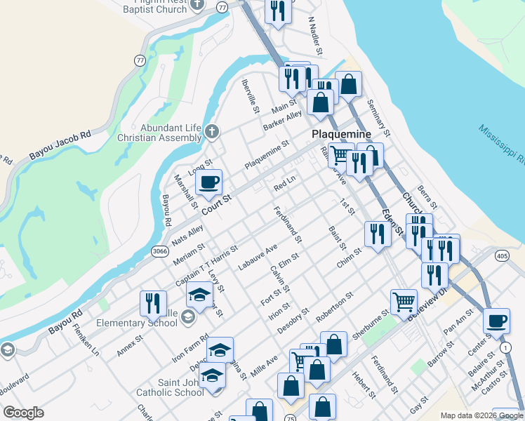 map of restaurants, bars, coffee shops, grocery stores, and more near 58251 Meriam Street in Plaquemine