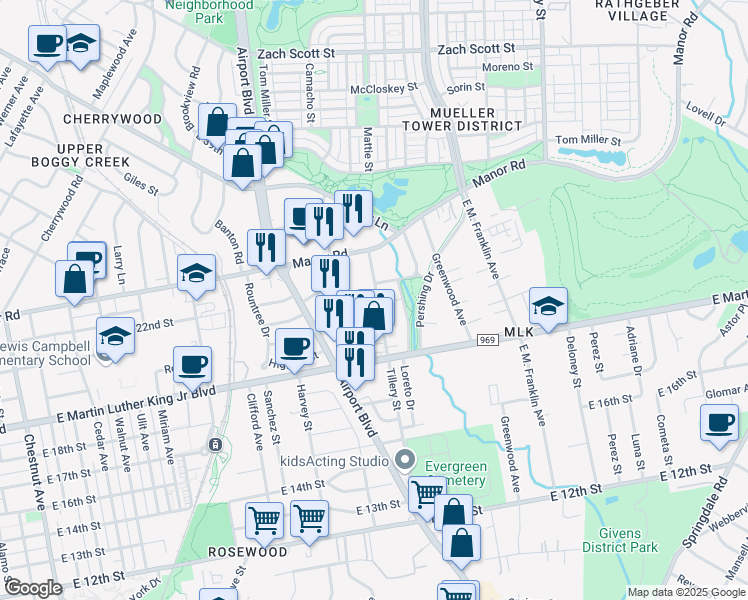 map of restaurants, bars, coffee shops, grocery stores, and more near 2038 Encino Circle in Austin