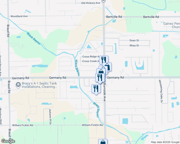 map of restaurants, bars, coffee shops, grocery stores, and more near 40463 Fox Run Drive in Gonzales