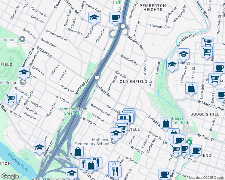 map of restaurants, bars, coffee shops, grocery stores, and more near 1713 Summit View Place in Austin