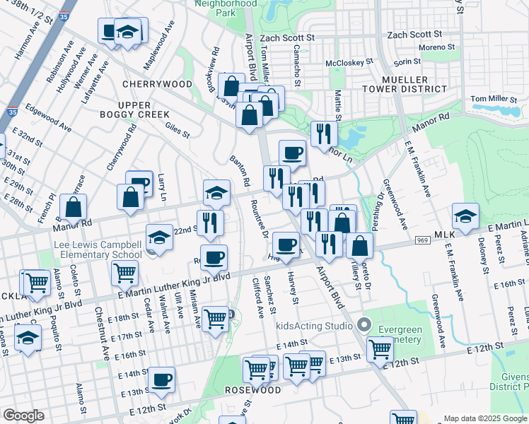 map of restaurants, bars, coffee shops, grocery stores, and more near 2932 Moss Street in Austin