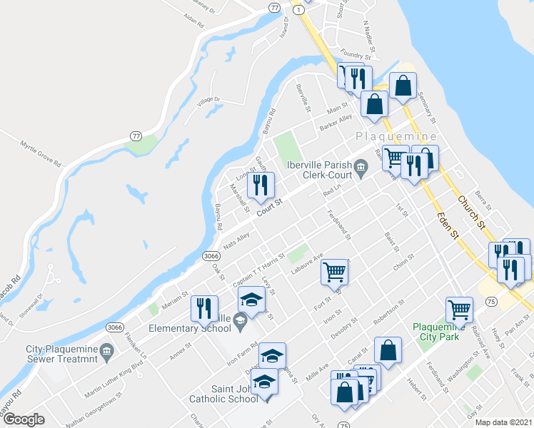 map of restaurants, bars, coffee shops, grocery stores, and more near 58361 Court Street in Plaquemine