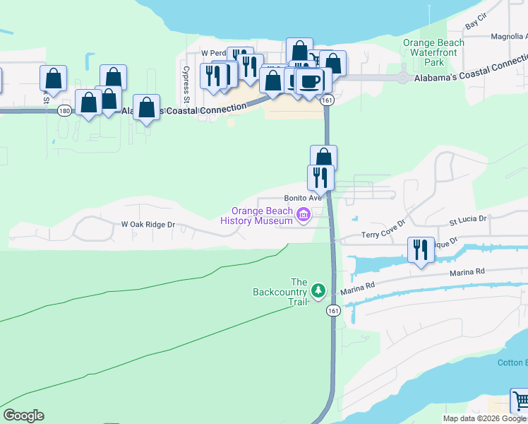 map of restaurants, bars, coffee shops, grocery stores, and more near 25801 West Oak Ridge Drive in Orange Beach