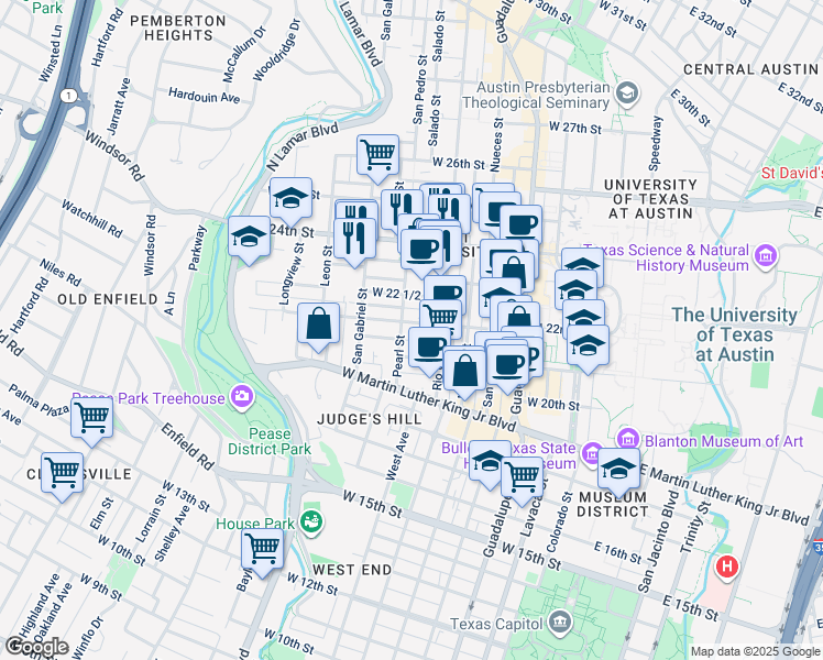 map of restaurants, bars, coffee shops, grocery stores, and more near 709 West 22nd Street in Austin
