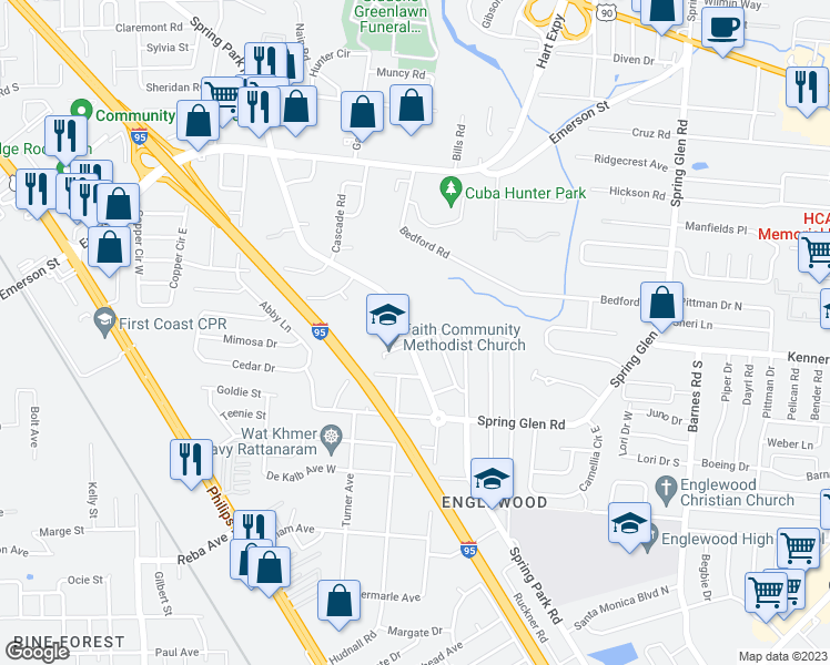 map of restaurants, bars, coffee shops, grocery stores, and more near 3993 Spring Park Road in Jacksonville