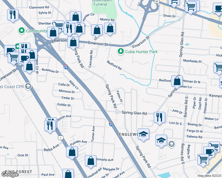 map of restaurants, bars, coffee shops, grocery stores, and more near 3993 Spring Park Road in Jacksonville
