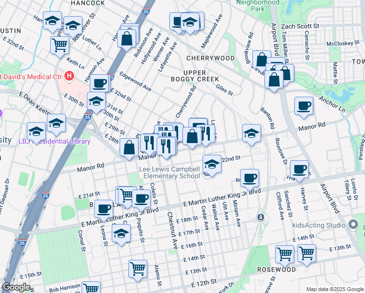 map of restaurants, bars, coffee shops, grocery stores, and more near 2502 Manor Road in Austin