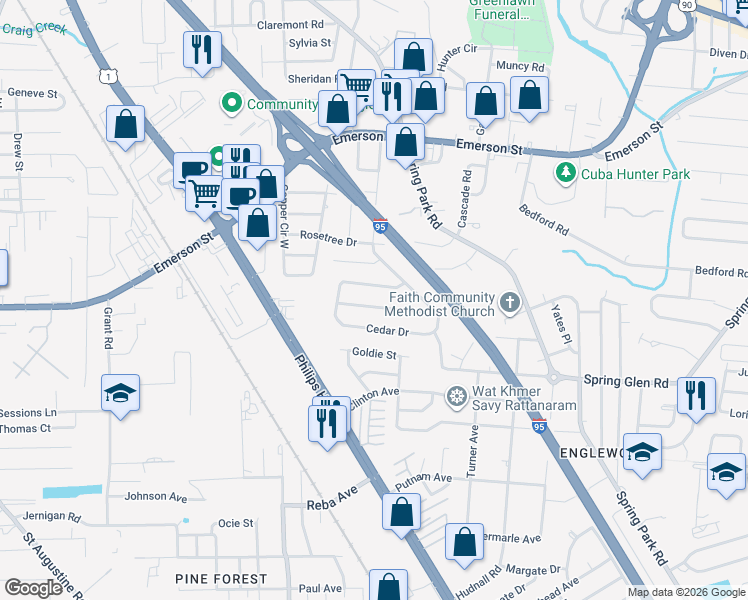map of restaurants, bars, coffee shops, grocery stores, and more near 3639 Mimosa Drive in Jacksonville