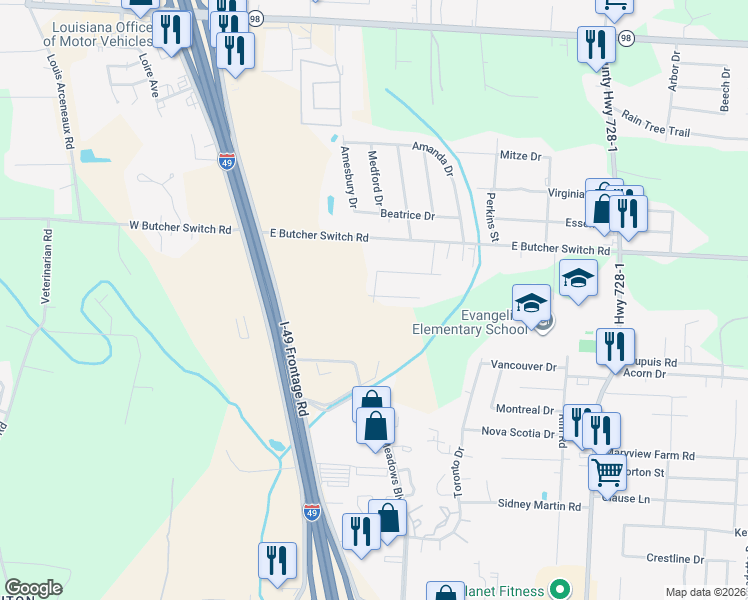 map of restaurants, bars, coffee shops, grocery stores, and more near 200 East Butcher Switch Road in Lafayette