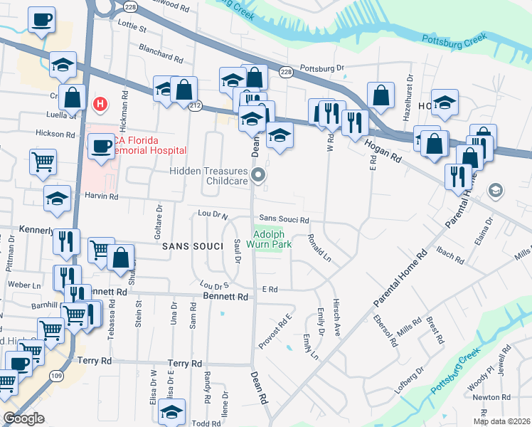 map of restaurants, bars, coffee shops, grocery stores, and more near 6741 Sans Souci Road in Jacksonville