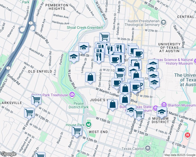 map of restaurants, bars, coffee shops, grocery stores, and more near 2104 San Gabriel Street in Austin
