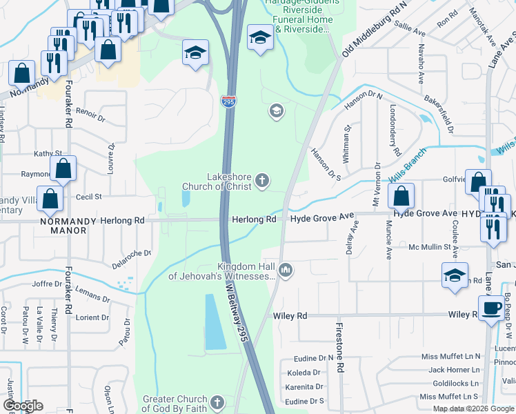 map of restaurants, bars, coffee shops, grocery stores, and more near 7343 Herlong Road in Jacksonville