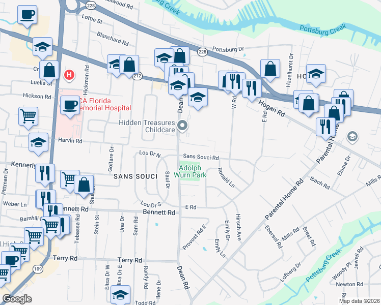 map of restaurants, bars, coffee shops, grocery stores, and more near 6741 Sans Souci Road in Jacksonville