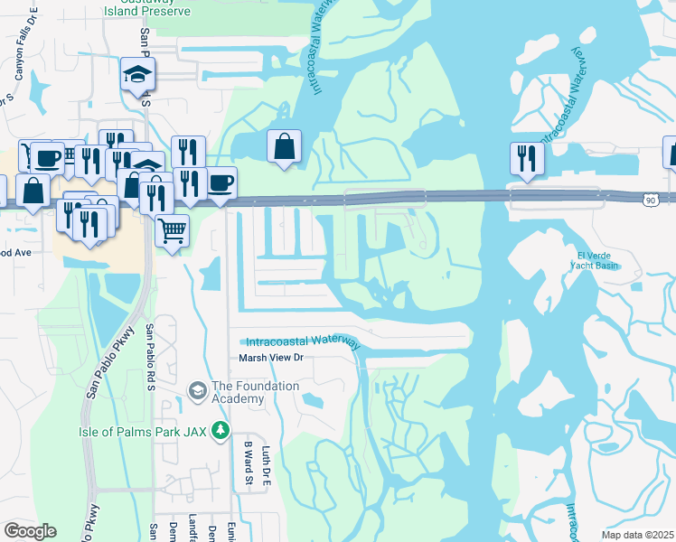 map of restaurants, bars, coffee shops, grocery stores, and more near 3428 Silver Palm Drive in Jacksonville