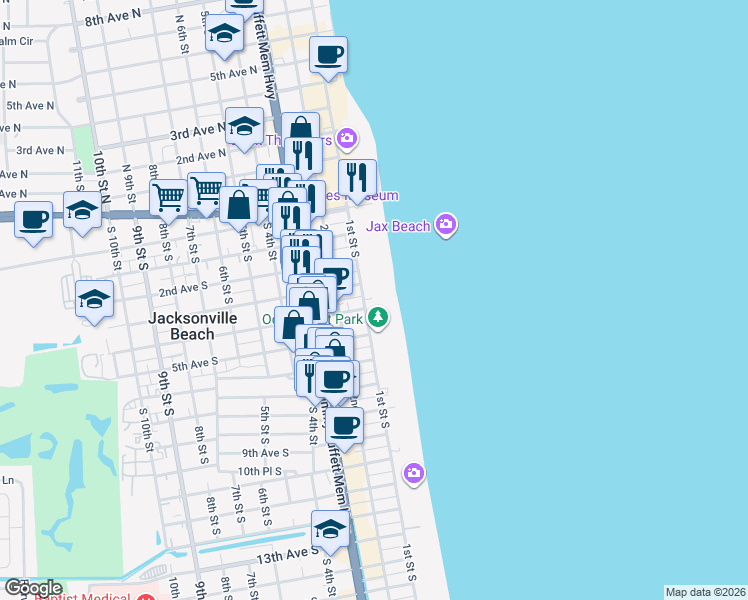 map of restaurants, bars, coffee shops, grocery stores, and more near 349 1st Street South in Jacksonville Beach