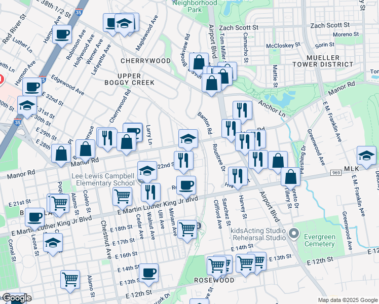 map of restaurants, bars, coffee shops, grocery stores, and more near 2201 Alexander Avenue in Austin
