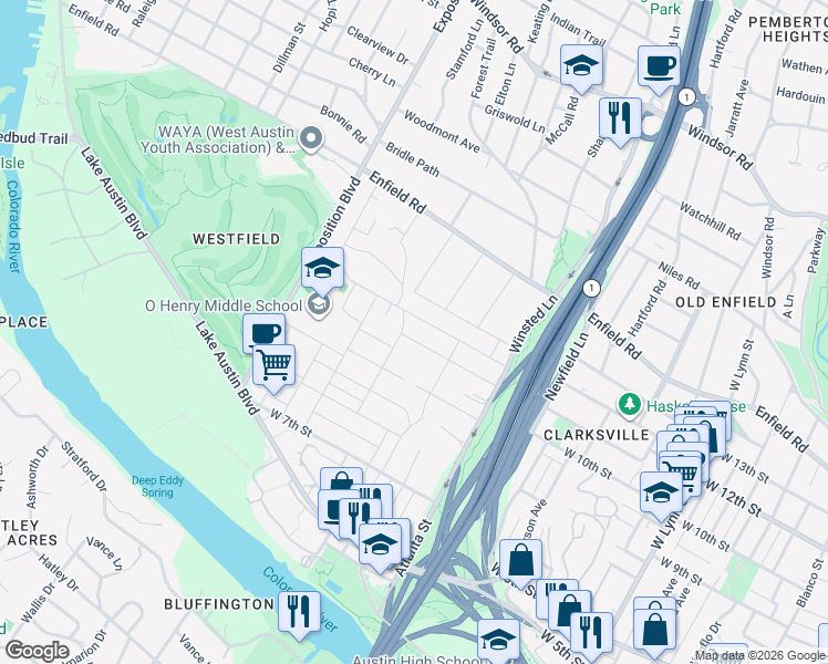 map of restaurants, bars, coffee shops, grocery stores, and more near 2302 West 11th Street in Austin