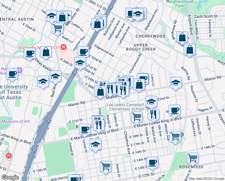 map of restaurants, bars, coffee shops, grocery stores, and more near 2903 Breeze Terrace in Austin