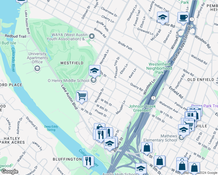 map of restaurants, bars, coffee shops, grocery stores, and more near 2406 Marlton Drive in Austin