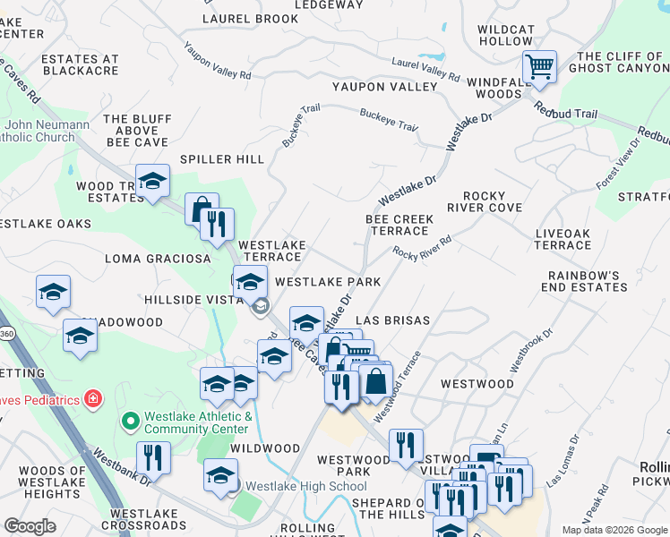 map of restaurants, bars, coffee shops, grocery stores, and more near 109 West Spring Drive in West Lake Hills