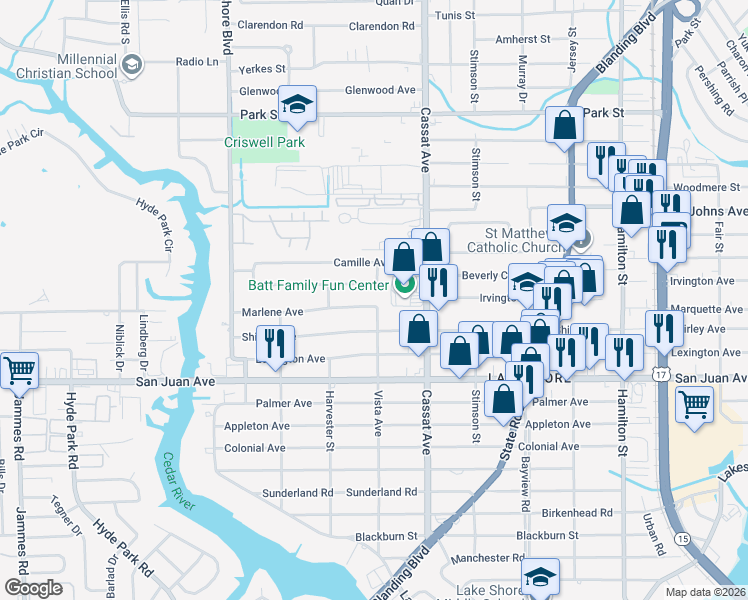 map of restaurants, bars, coffee shops, grocery stores, and more near 1857 Vista Avenue in Jacksonville