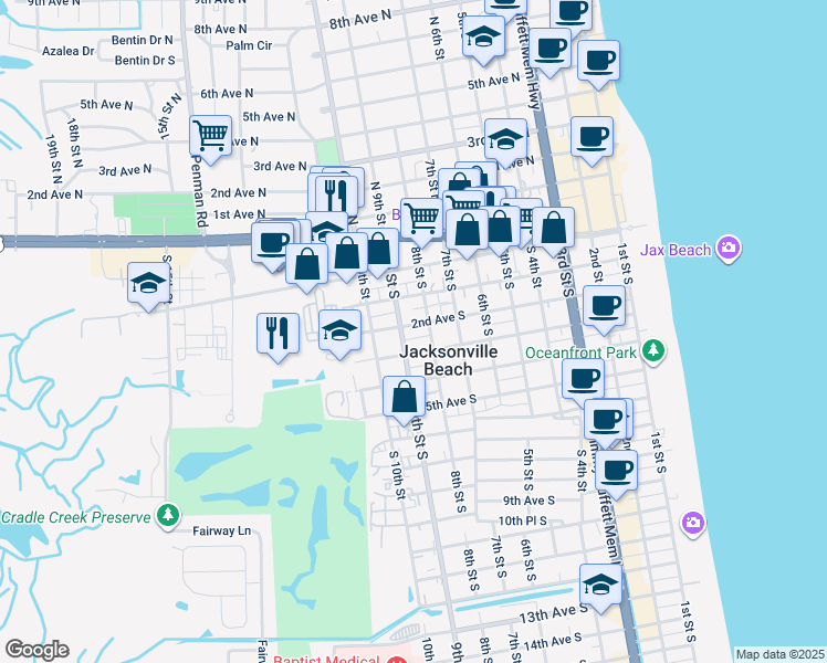 map of restaurants, bars, coffee shops, grocery stores, and more near 817 Lincoln Court South in Jacksonville Beach