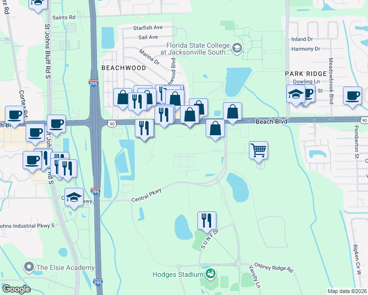 map of restaurants, bars, coffee shops, grocery stores, and more near 11711 Marco Beach Drive in Jacksonville