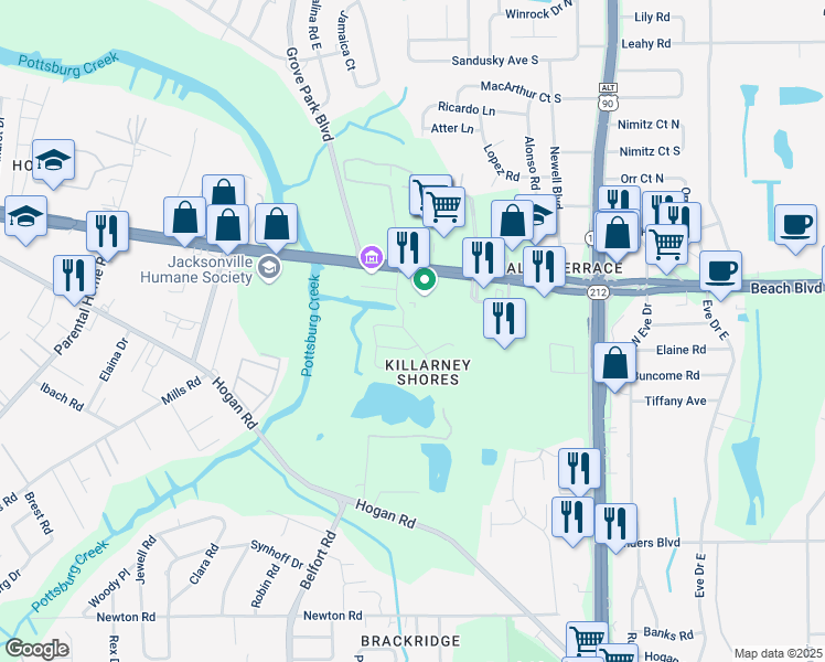 map of restaurants, bars, coffee shops, grocery stores, and more near 8630 Emerald Isle Circle North in Jacksonville