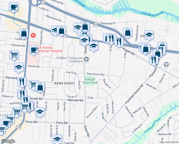 map of restaurants, bars, coffee shops, grocery stores, and more near 6741 Sans Souci Road in Jacksonville