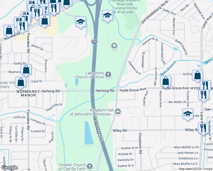 map of restaurants, bars, coffee shops, grocery stores, and more near 7343 Herlong Road in Jacksonville