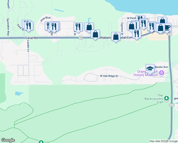 map of restaurants, bars, coffee shops, grocery stores, and more near 25129 W Oak Ridge Dr in Orange Beach