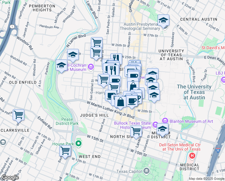 map of restaurants, bars, coffee shops, grocery stores, and more near 506 West 22nd Street in Austin