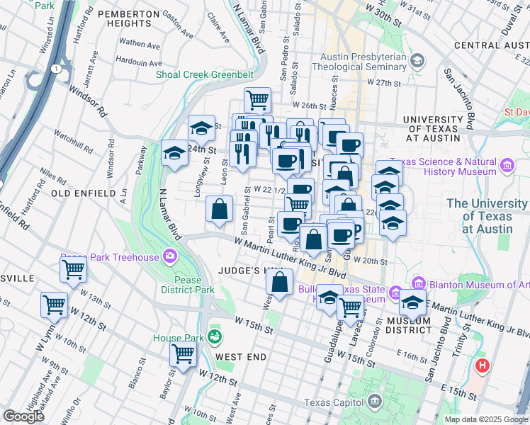 map of restaurants, bars, coffee shops, grocery stores, and more near 908 West 21st Street in Austin