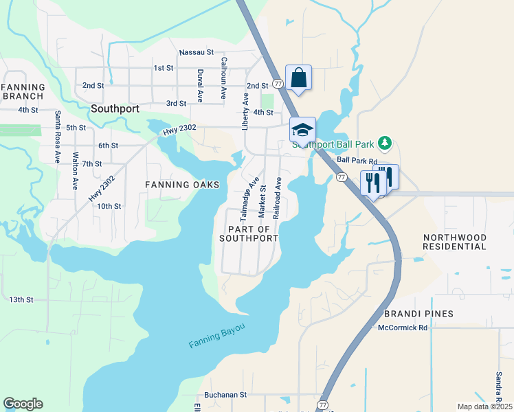 map of restaurants, bars, coffee shops, grocery stores, and more near 1725 Pope Street in Southport
