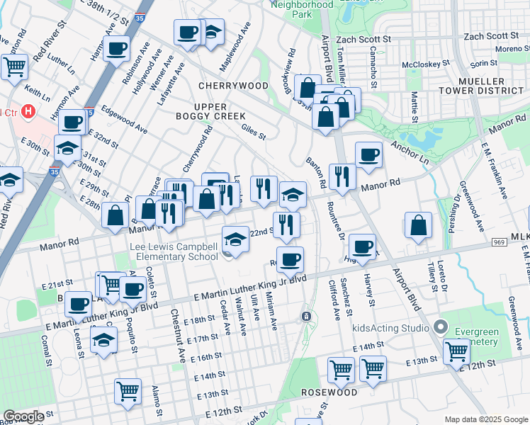 map of restaurants, bars, coffee shops, grocery stores, and more near 2805 Manor Road in Austin