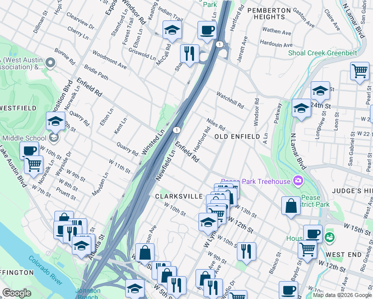 map of restaurants, bars, coffee shops, grocery stores, and more near 1802 Enfield Road in Austin