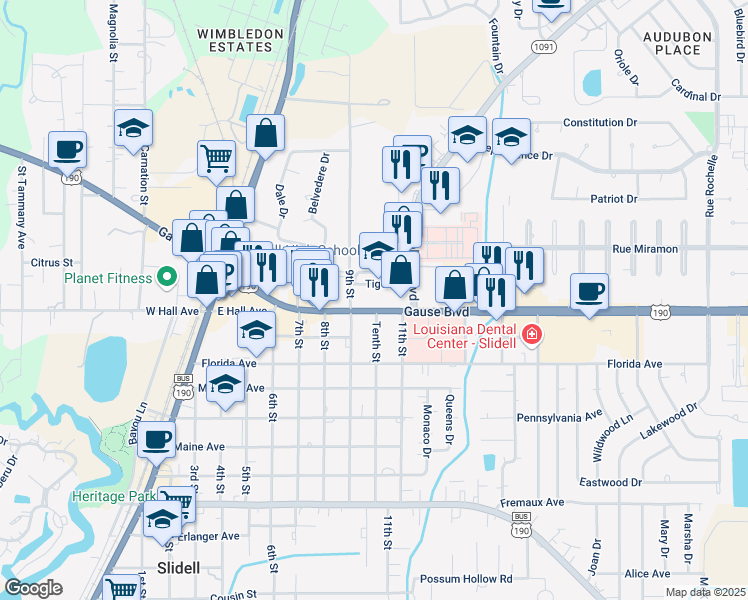 map of restaurants, bars, coffee shops, grocery stores, and more near 700 Gause Boulevard in Slidell