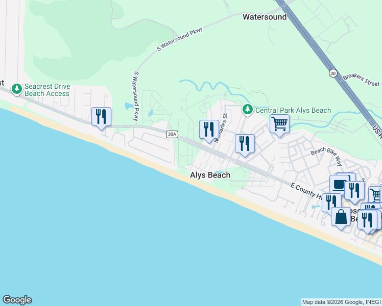map of restaurants, bars, coffee shops, grocery stores, and more near 202 Walton Buena Vista Drive in Seacrest