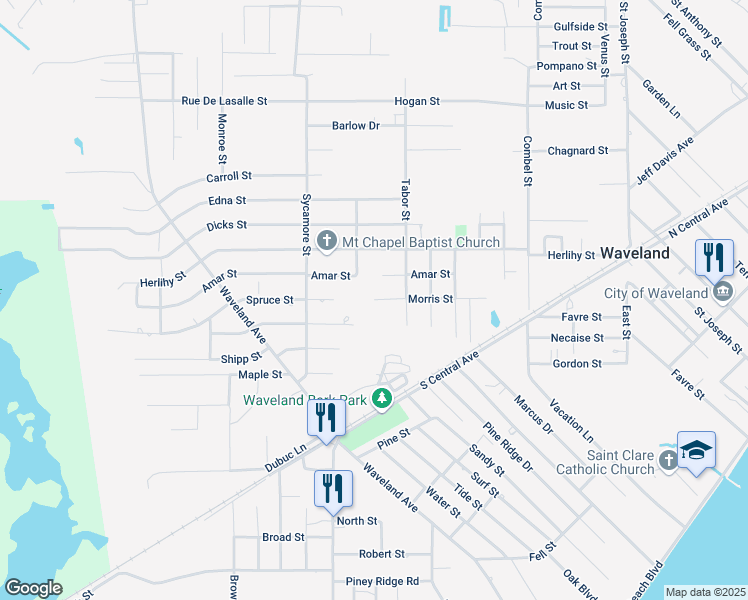 map of restaurants, bars, coffee shops, grocery stores, and more near 799 Morris Street in Waveland