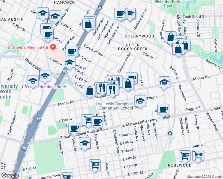 map of restaurants, bars, coffee shops, grocery stores, and more near 2917 Cherrywood Road in Austin