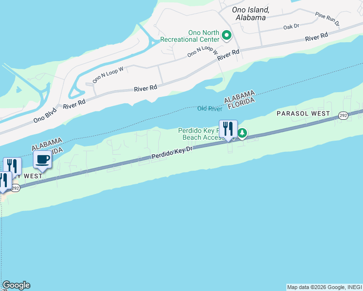 map of restaurants, bars, coffee shops, grocery stores, and more near 16698 Perdido Key Drive in Pensacola