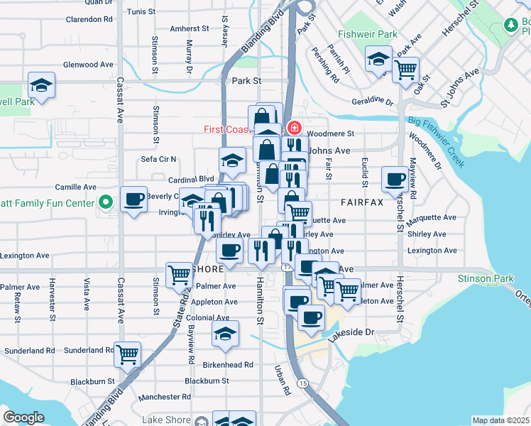 map of restaurants, bars, coffee shops, grocery stores, and more near 1818 Hamilton Street in Jacksonville