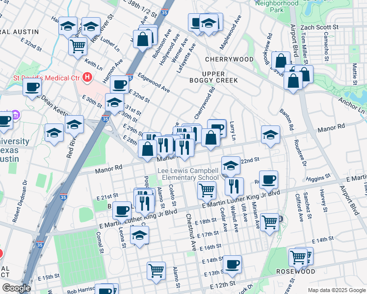 map of restaurants, bars, coffee shops, grocery stores, and more near 2917 Cherrywood Road in Austin