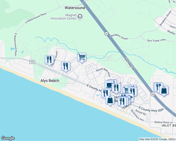 map of restaurants, bars, coffee shops, grocery stores, and more near 54 Surfer Lane in Rosemary Beach