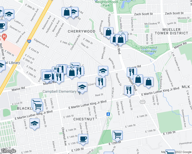 map of restaurants, bars, coffee shops, grocery stores, and more near 2805 Manor Road in Austin