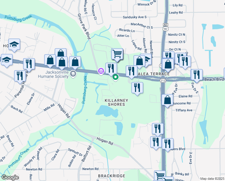map of restaurants, bars, coffee shops, grocery stores, and more near 8630 Emerald Isle Circle North in Jacksonville